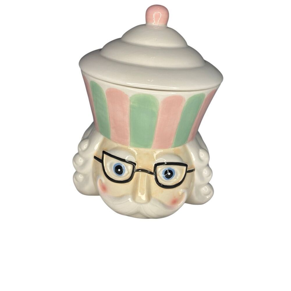 Vintage Christmas Nutcracker Head Cookie Jar Ceramic Canister Holiday Pastel